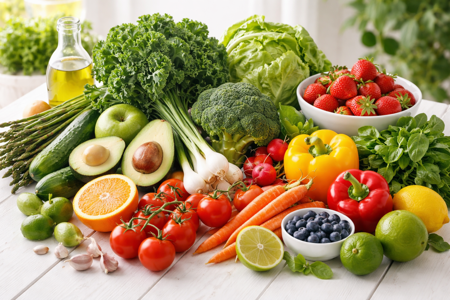 fresh vegetables and fruits arranged on white wooden table, natural daylight, healthy eating concept, green leafy vegetables, colorful produce, clean minimal composition