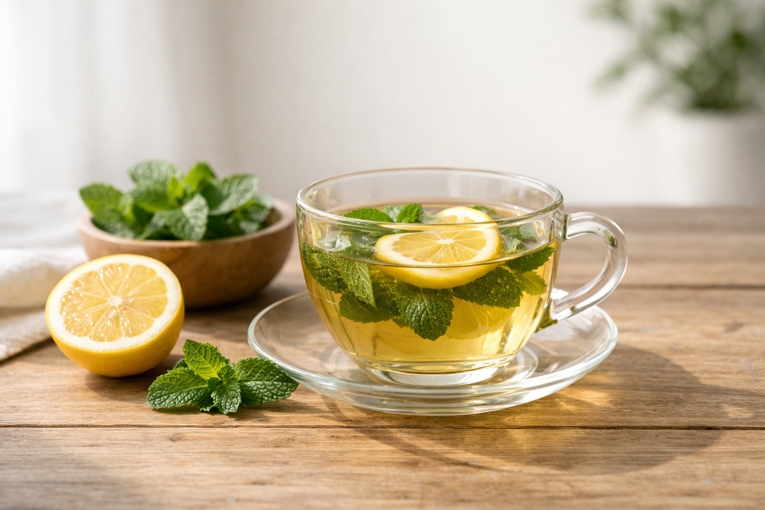 herbal tea cup with fresh mint leaves and lemon slices, wooden table, natural morning light, wellness lifestyle, minimalist clean aesthetic